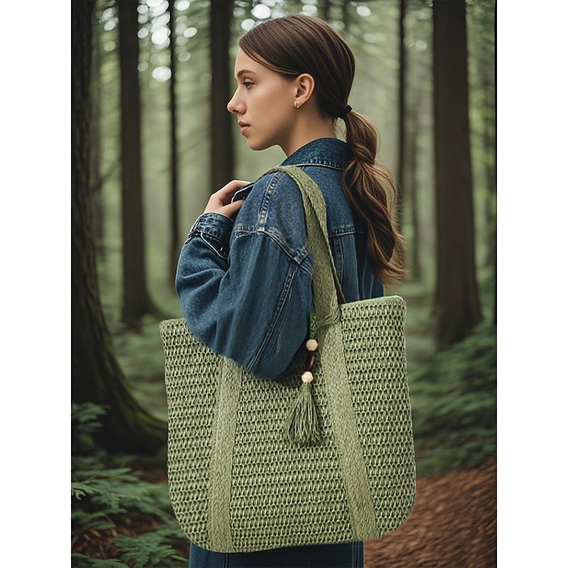 Women's Woven Straw Tote Bag with Tassel – Large Summer Beach Handbag for Vacation, Travel and Casual Outings Color White Green Khaki3