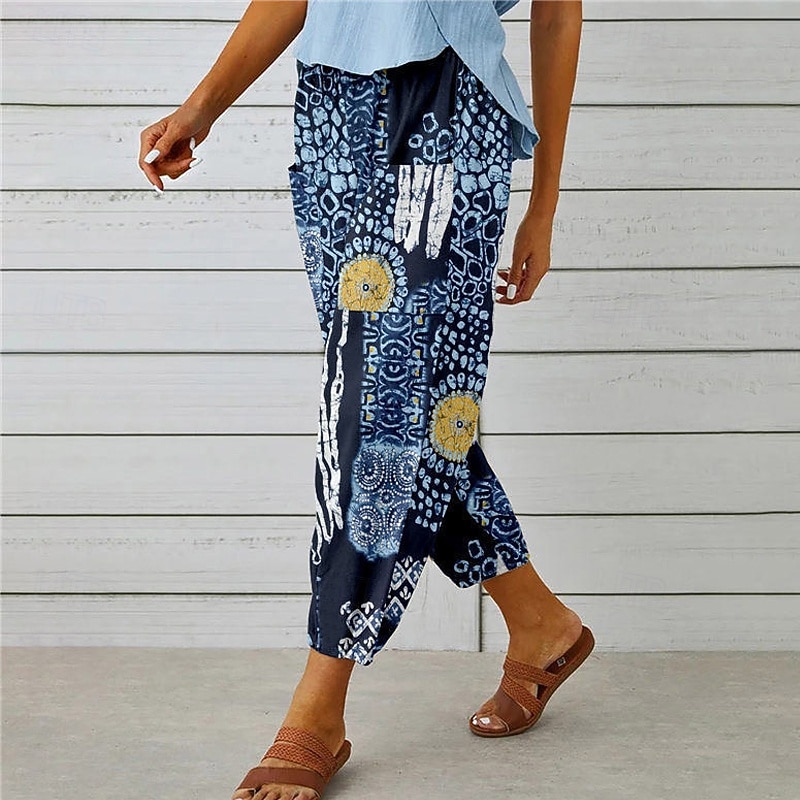 Women's Cotton Linen Pants Slacks Streetwear Casual Full Length Natural Floral Printing Comfy Outdoor Daily Wear Casual Daily Navy Black Blue Orange Summer Regular Fit2