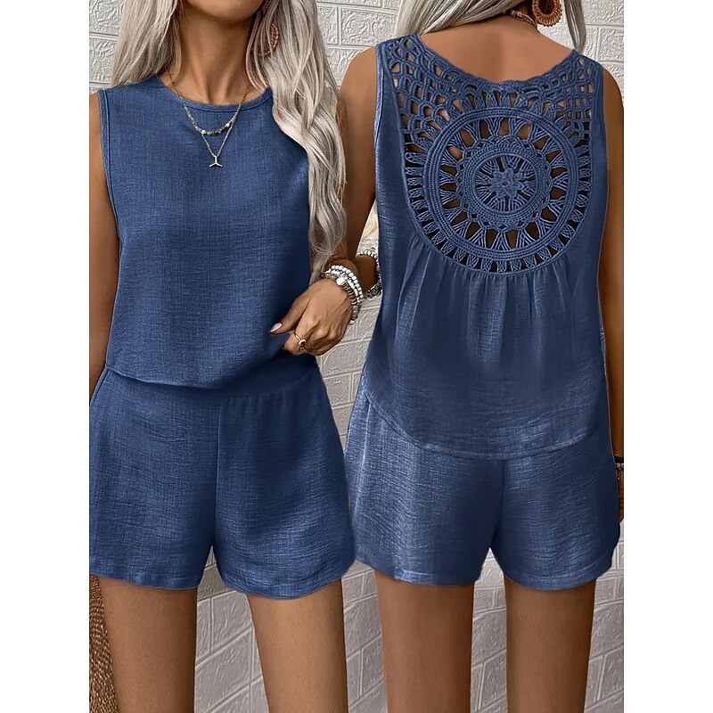 Women's Daily Shorts Sets Sleeveless Round Neck Solid Color Hole Casual Daily Black White Burgundy Summer Regular Fit4