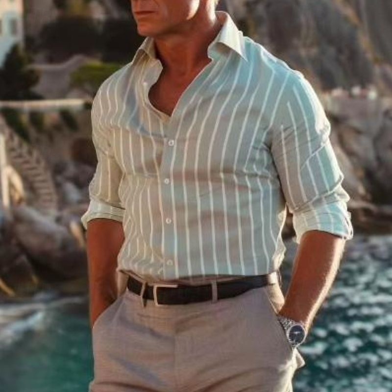 Men's Beach Shirt Light Grey Long Sleeve Stripes Lapel Vacation Hawaiian Clothing Apparel Fashion Casual Comfortable2