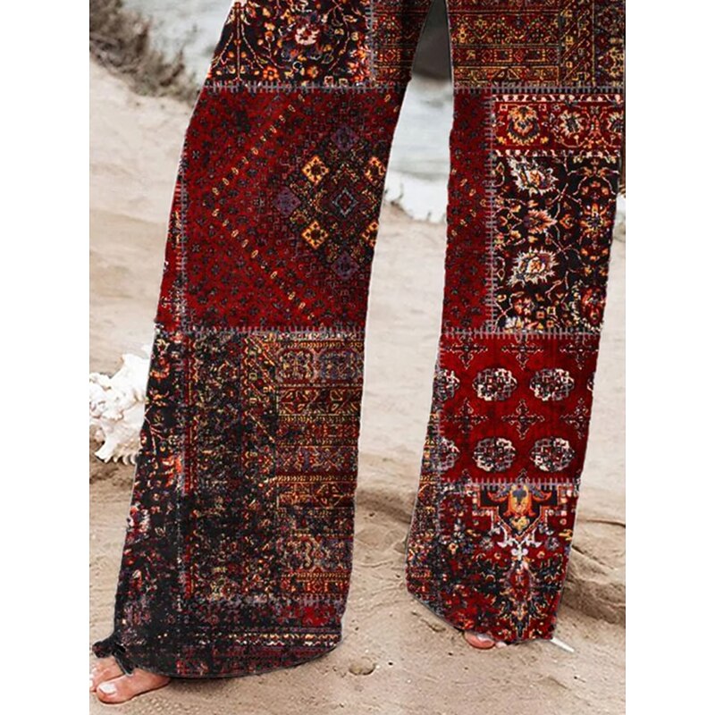Women's Wide Leg Chinos Baggy Pants Vacation Vintage Fashion Full Length High Waist Graphic Geometric Drawstring Patchwork Printing Soft Breathable Micro-elastic Vacation Causal Casual Maroon Summer3