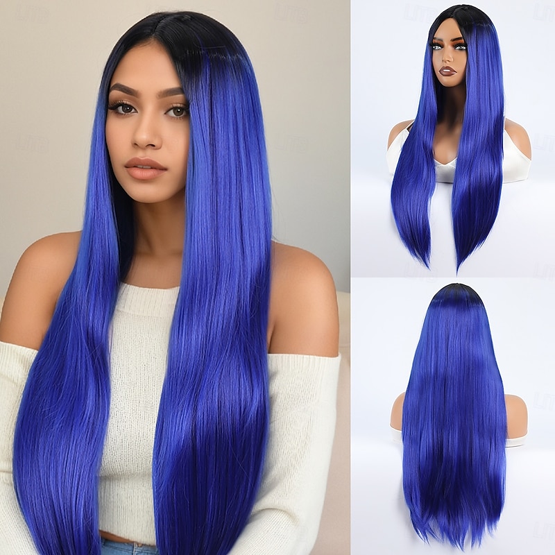 Synthetic Wig kinky Straight Natural Straight Layered Haircut Deep Parting Machine Made Wig 28 inch A1 Synthetic Hair Women's Classic Comfortable Highlighted / Balayage Hair Purple