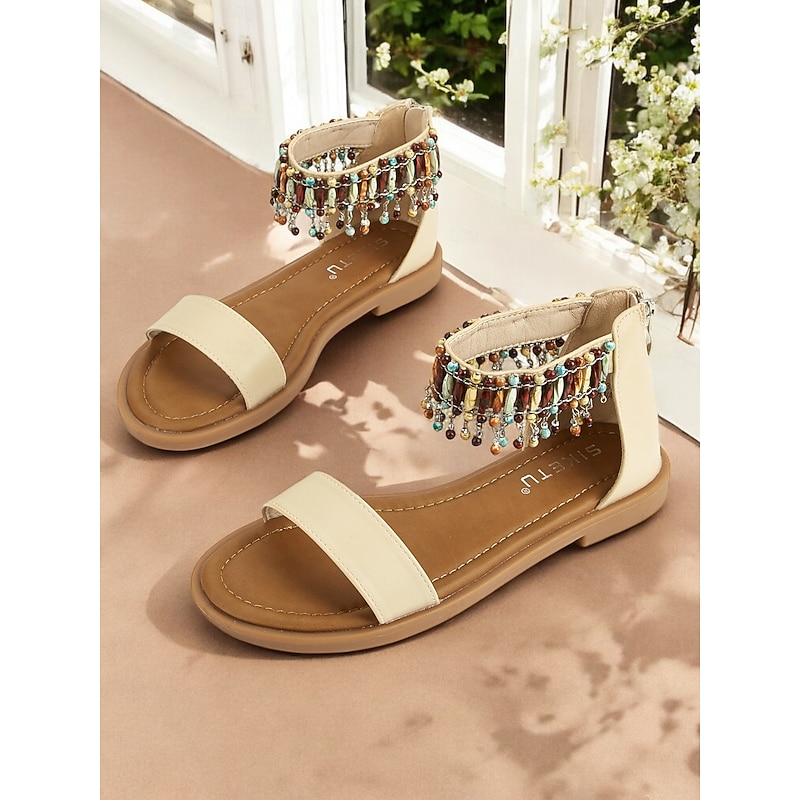 Women's Boho Beaded Ankle Strap Flat Sandals – Casual Ethnic Summer Shoes for Beach and Vacation