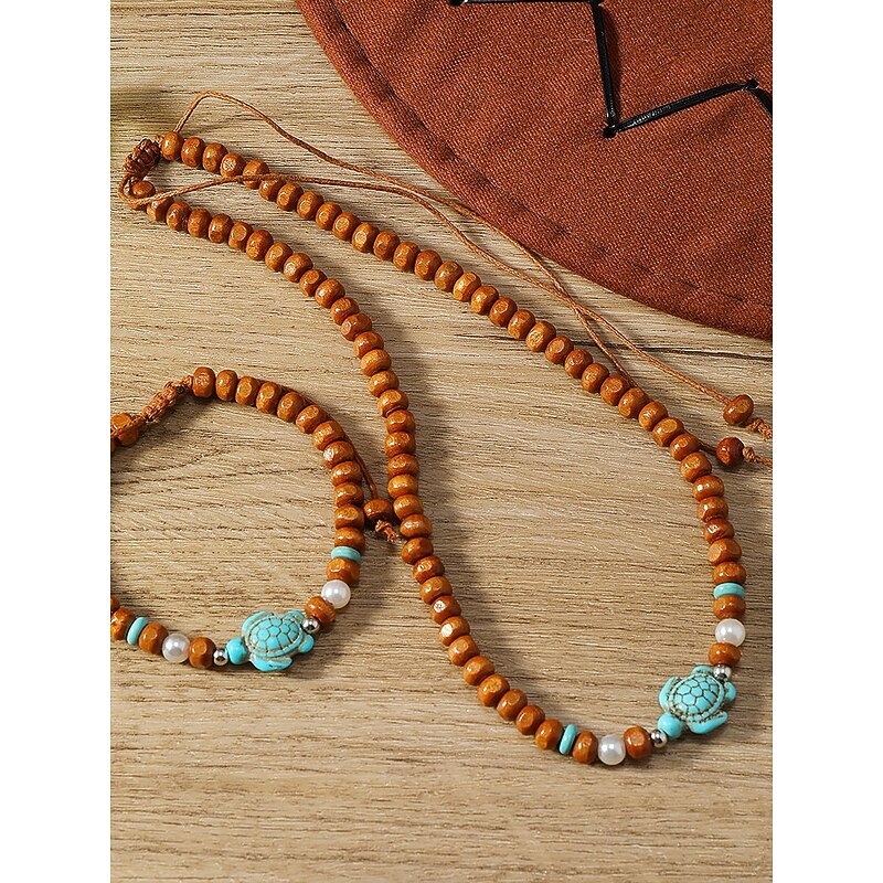 Men's Natural Wood Bead Turtle Necklace and Bracelet Set – Boho Beach Style Adjustable Jewelry for Summer Vacations and Casual Wear4