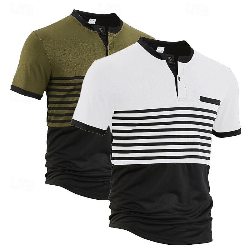 Multi Packs 2pcs Men's Stand Collar Short Sleeves White+Orange Button Up Polos Golf Shirt Golf Polos Shirts Buttons Stripe Vacation Daily Wear Polyester Summer3