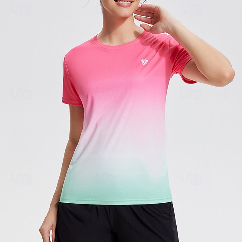 Women's Yoga Top Crew Neck Quick Dry Breathable Short Sleeve Sports Color Gradient Top For Gym Workout Dance Pickleball Activewear3