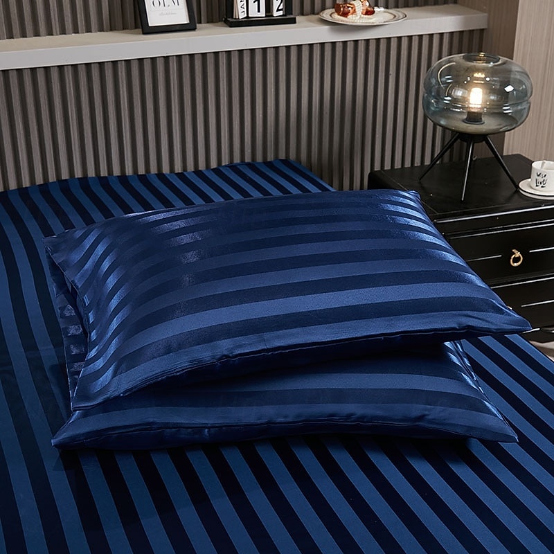 Satin Pillowcase for Hair and Skin 2 Pack Silky Satin Pillow Cases with Strip Pattern No Zipper Pillow Covers with Envelope Closure Suit
