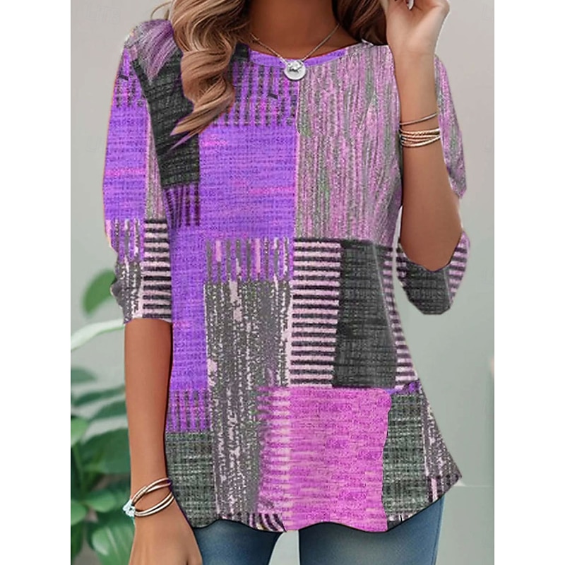 Women's T shirt Long Sleeve Crew Neck Long Sleeve Tunic Graphic Geometric Plaid Casual Round Neck Regular Tops Daily Print Pink Purple Green Spring Fall Prefall2