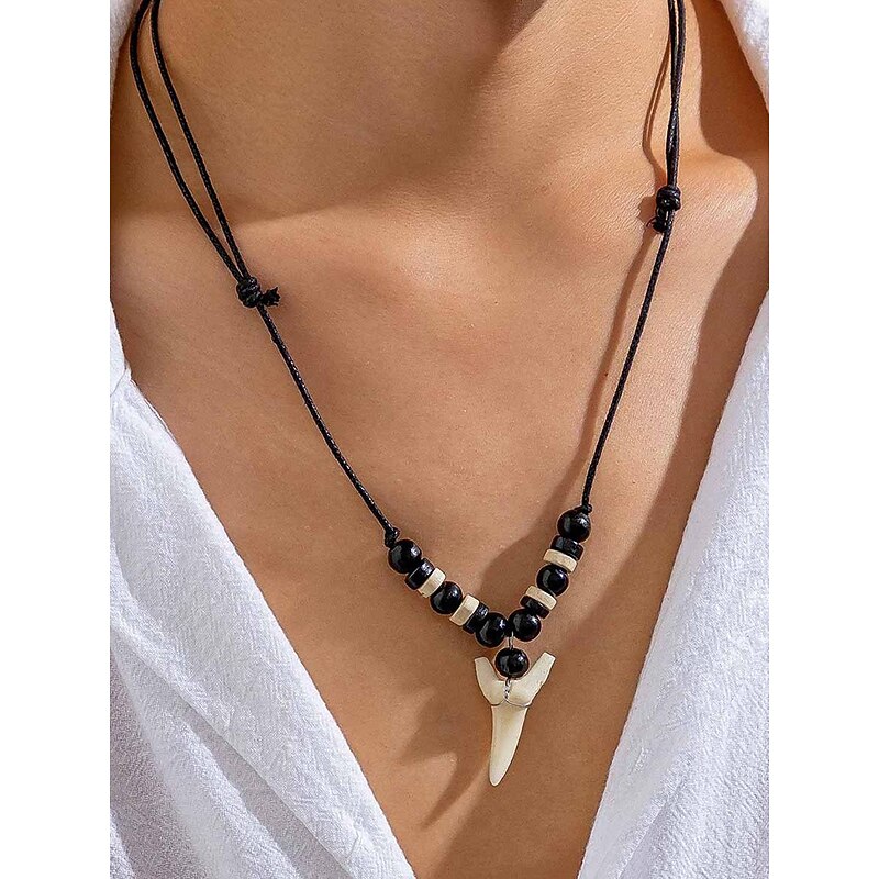 Men's Shark Tooth Pendant Necklace – Handmade Tribal Style Beaded Surfer Jewelry with Adjustable Rope Cord for Beach, Vacation & Casual Wear - Main Image