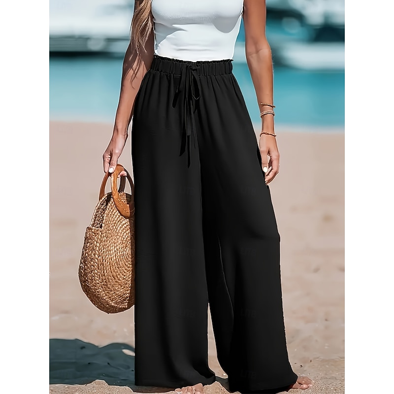 Women's Pants Trousers Palazzo Pants Casual Full Length High Rise Solid Color Drawstring Comfy Soft Inelastic Going out Casual Daily Orange red Apricot Black Pink Spring, Fall, Winter, Summer Loose4