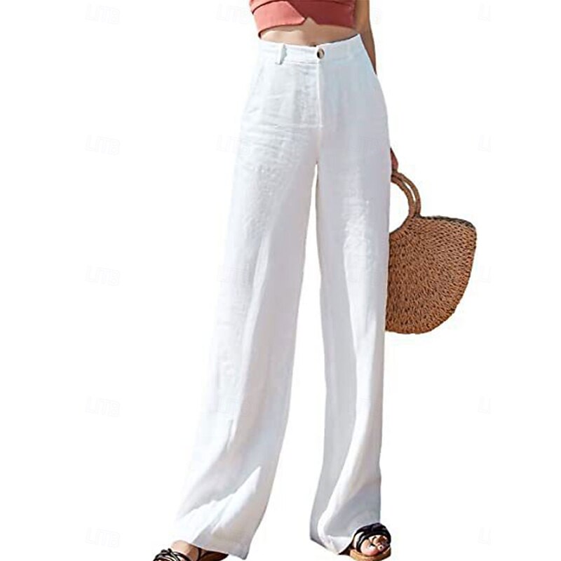 Women's Wide Leg Baggy Pants Solid Color Fashion Basic Full Length High Waist Plain Pocket Comfort Outdoor Micro-elastic Vacation Street Daily Deep Green Black White Summer Spring Regular Fit