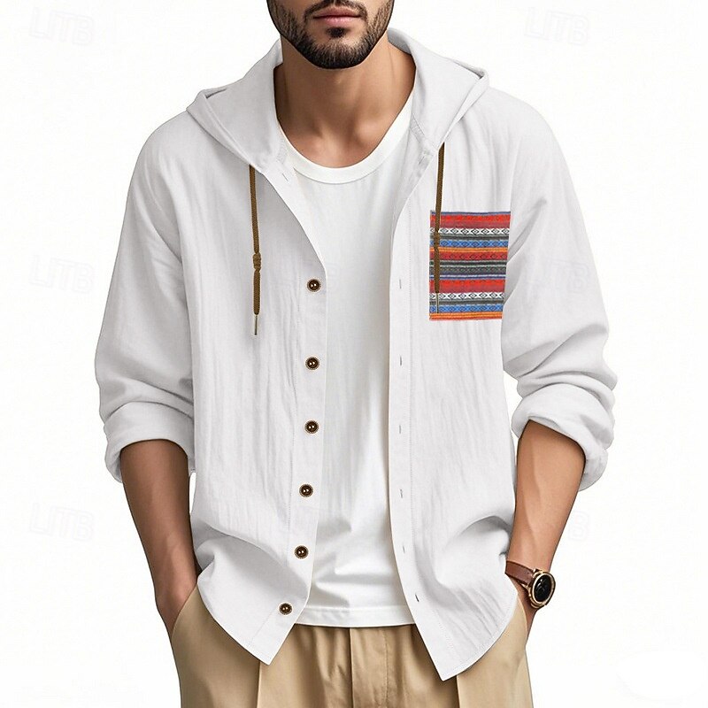 Men's Shirt Linen Shirt Summer Shirt Beach Shirt Button Up Shirt Hooded Shirt Plain Vacation Daily Wear Black White Sky Blue Khaki Long Sleeve Hooded Summer Clothing Apparel Patchwork3