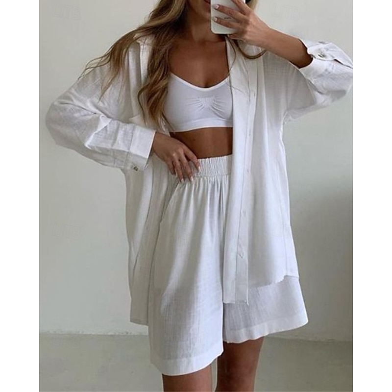 Women's Fashion Streetwear Cotton Linen Sets Two Piece Sets Shorts Sets Short Sleeve Shirt Collar Plain Daily Wear Date White Blue Orange Summer Regular Fit