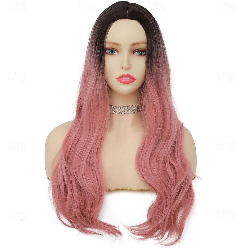 Pink Curly Wigs for Women Dark Rooot Long Wavy Middle Part Hair Wig Synthetic Heat Resistant Fiber Cosplay Halloween Wig2