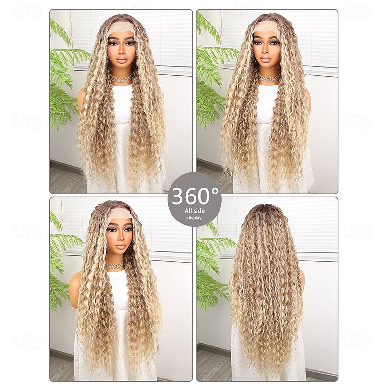 Synthetic Lace Wig Deep Curly Style 32 inch Multi-color Middle Part 13x4x1 T Part Lace Front Wig Women's Wig Light golden2