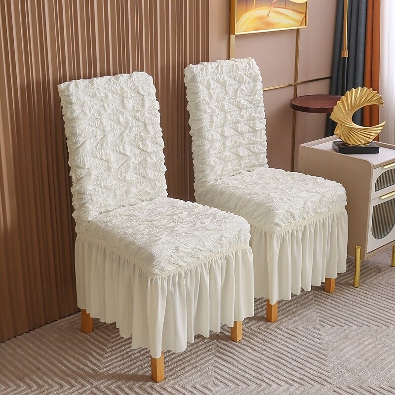 4PCS Seersucker Dining Room Chair Covers Slipcovers with Skirt Stretch Washable Seat Covers Protector, Cream2