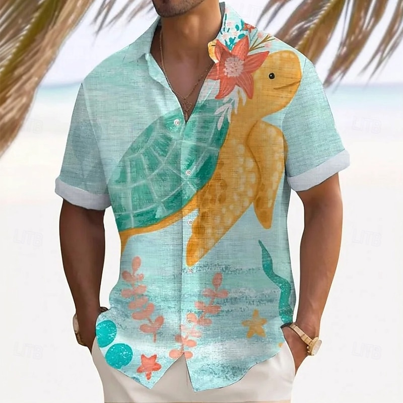 Men's Palm Leaf Turtles Tropical Plants Shirt Summer Hawaiian Shirt Button Up Shirt Short Sleeve Hawaiian Vacation Holiday Beach Wear Summer Turndown 3D Print Linen Like Shirt Blue 1# Blue2