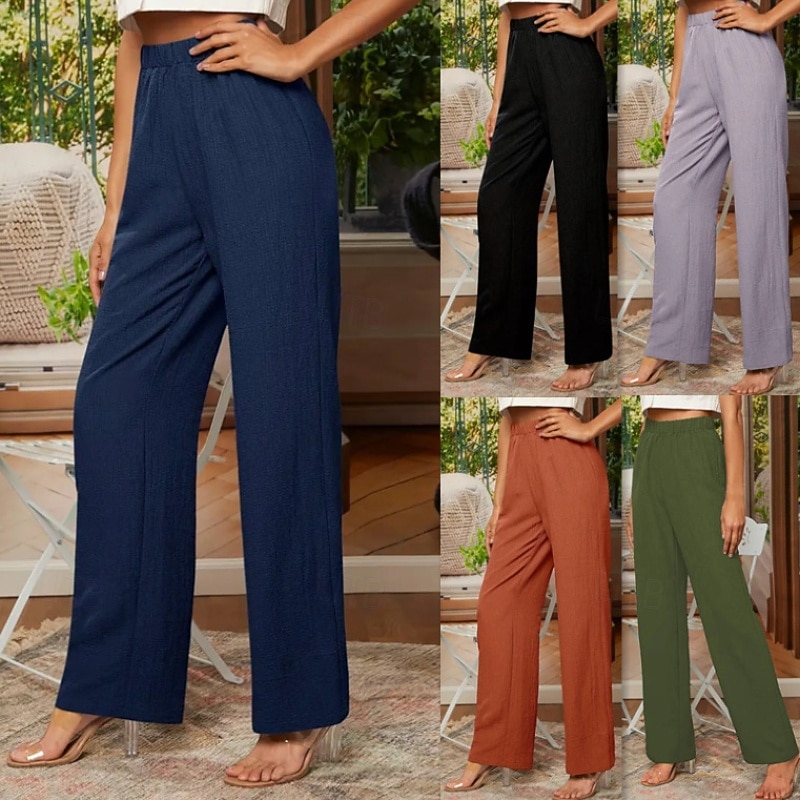 Women's Cotton Linen Pants Slacks Streetwear Casual Full Length Natural Plain Elastic Waist Comfy Comfortable Casual Daily Weekend Grey Navy Black Army Green Summer Regular Fit