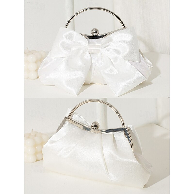 Women's Satin Bow Evening Clutch Bag – Elegant Pearl Frame Handle Purse for Brides, Weddings, Cocktail Parties and Formal Events Silver Black White4