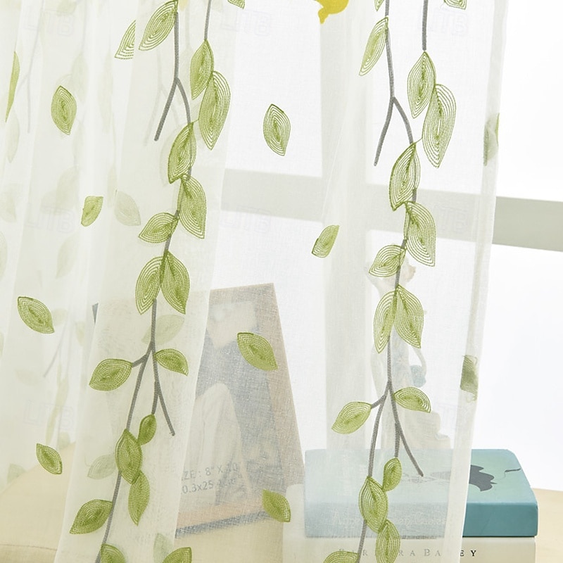 2Pcs American Style Willow Leaf Embroidered Window Screen Living Room Bedroom Dining Room Study Semi Transparent Curtains4
