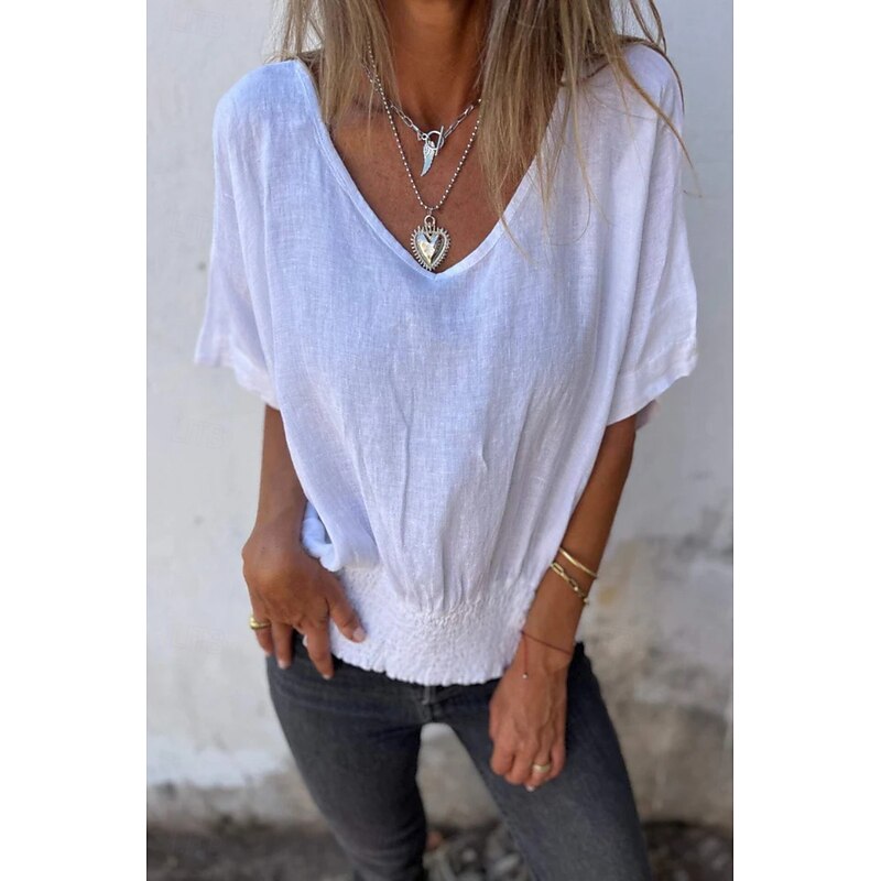 Women's Linen-Inspired Shirts Blouse Plain Modern Casual Half Sleeve V Neck Regular Tops Daily Holiday Going out Ruched Black White Brown Apricot Summer4