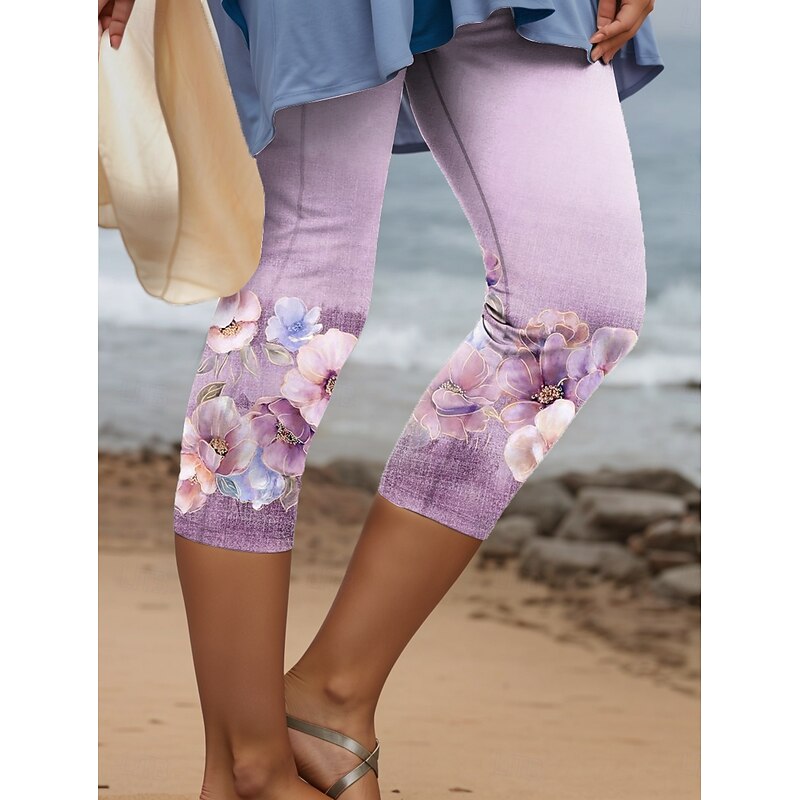 Women's Leggings Capri Pants High Elasticity Vacation Vintage Fashion Calf-Length High Waist Floral Graphic Printing Thermal Warm Breathable Soft Stretchy Outdoor Daily Pink Blue Purple Green Summer