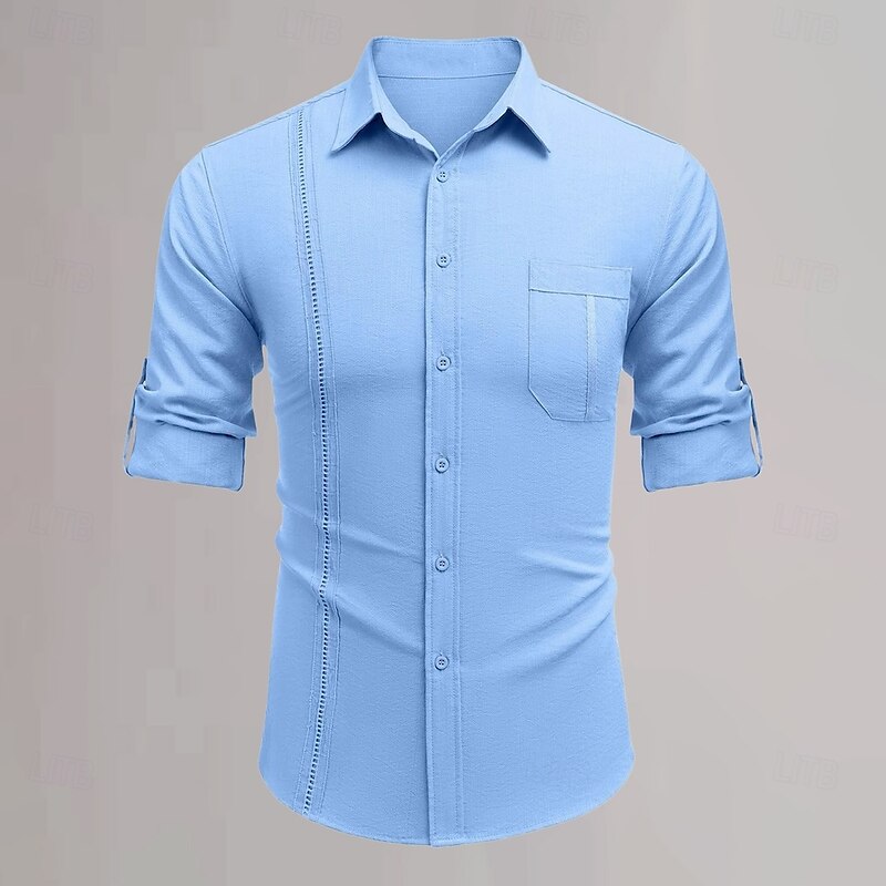 Men's Cotton Linen Shirt Plain Vacation Casual Black White Blue Long Sleeve Lapel Spring & Summer Clothing Apparel2