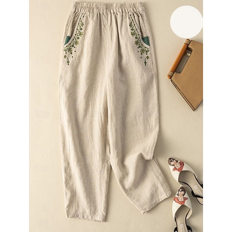 Women's Cotton Linen Pants Baggy Pants Chinos Fashion Streetwear Ethnic Style Full Length High Waist Floral Embroidered Pocket Elastic Waistband Comfy Soft Comfortable Micro-elastic Outdoor Street