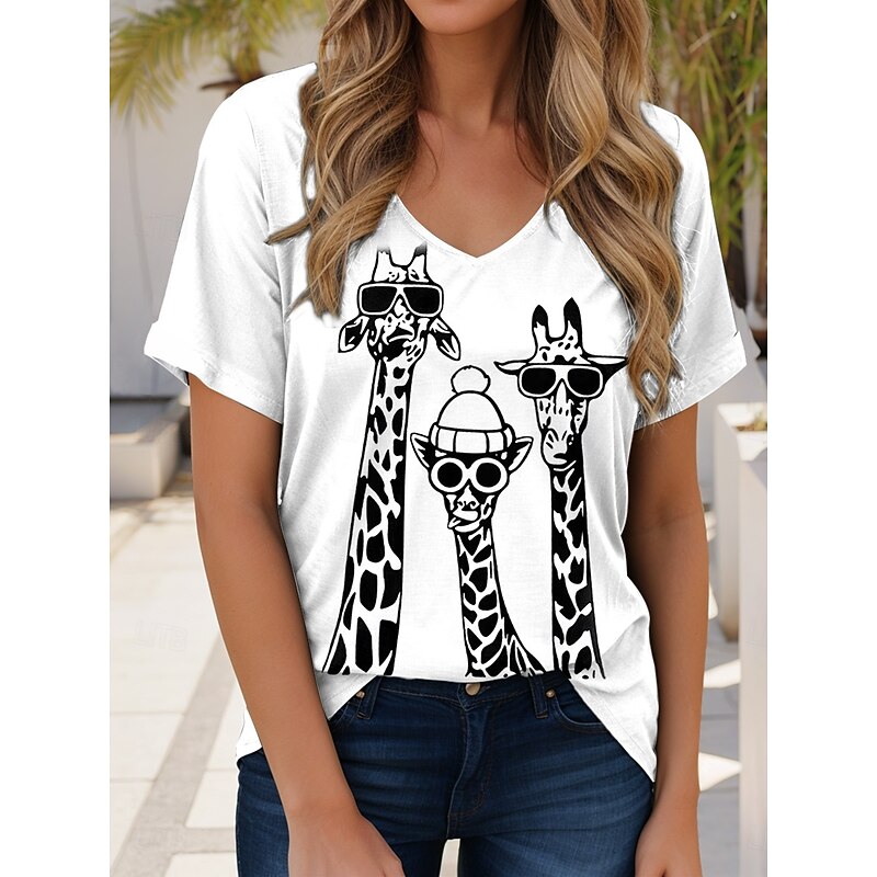 Women's T Shirt Graphic Animal Giraffe Elegant Vintage Casual Short Sleeve V Neck Regular Tops Daily Weekend Vacation Wear Print Black White Blue Purple Summer