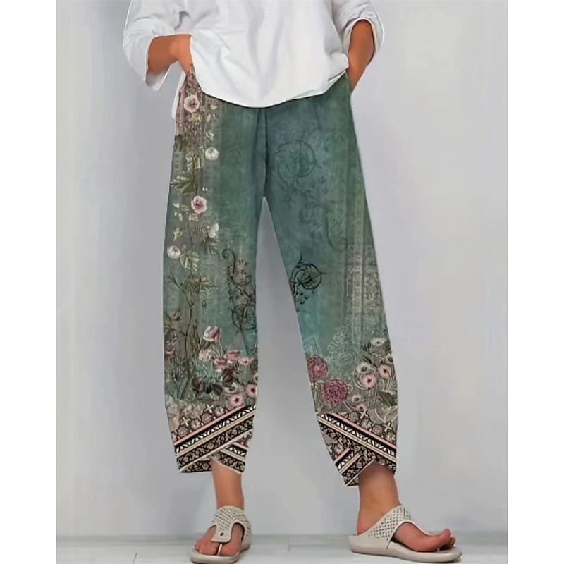 Women's Pants Trousers Harem Pants Ethnic Boho Full Length Mid Waist Flower / Floral Elastic Waist Breathable Comfortable Micro-elastic Street Daily Wear Going out Blue Blue Green Khaki Summer