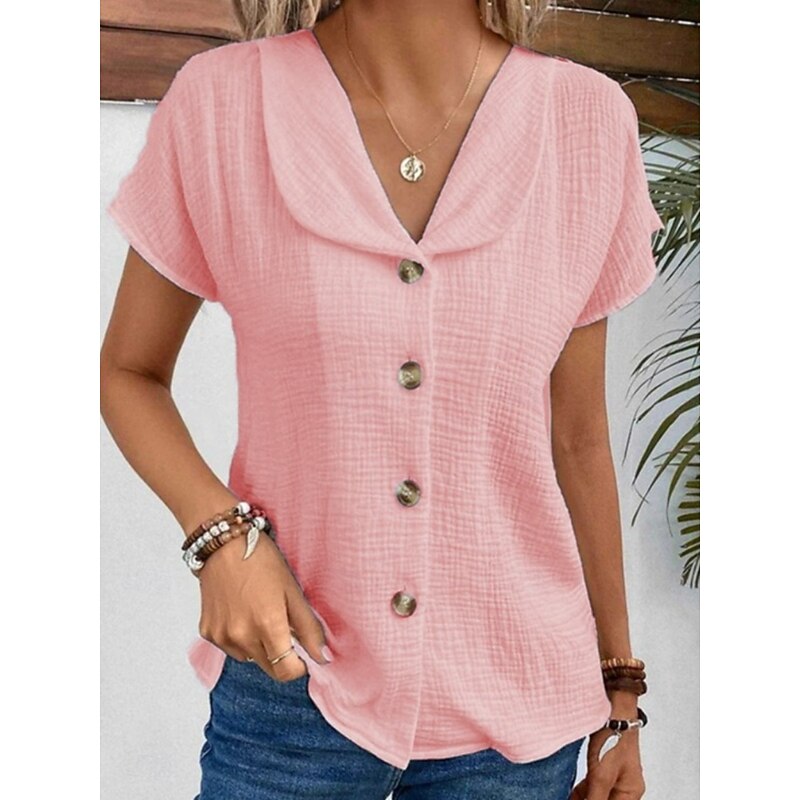 Women's Shirt Button Down Blouse Solid Color Daily Stylish Basic Short Sleeve Shirt Button Down Blouse Collar Regular Tops Daily Buttons White Pink Blue Apricot Summer4