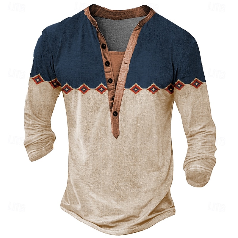 Men's Tribal T Shirt Henley Shirt Long Sleeve Designer Retro Vintage Casual Street Casual Daily Summer Spring Fall Khaki Light Grey Henley Henley T-Shirt