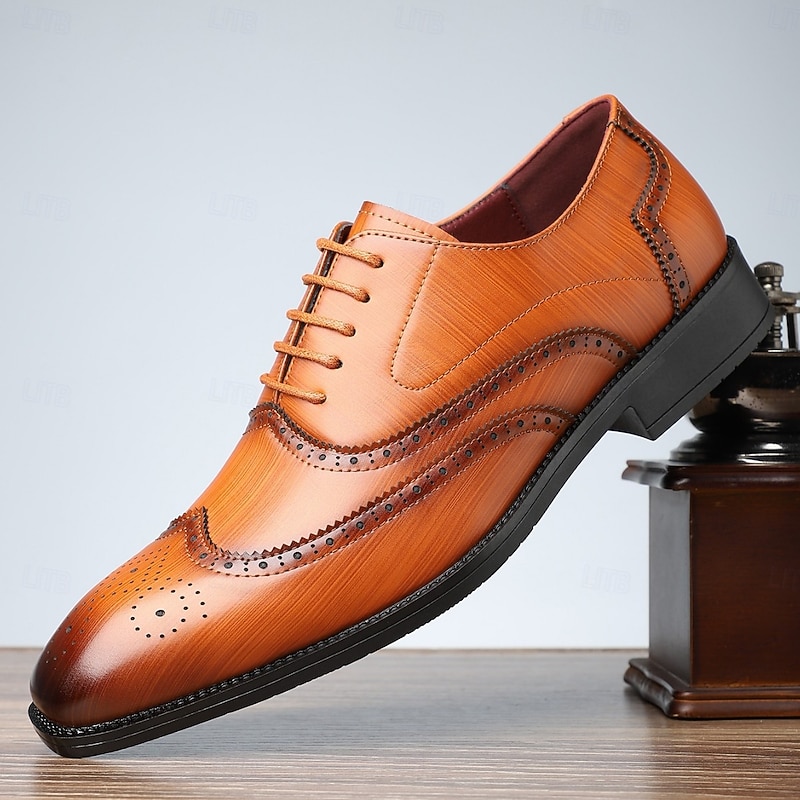 Men's Tan Faux Leather Brogue Oxfords – Stylish Prom Shoes for Classy and Formal Occasions