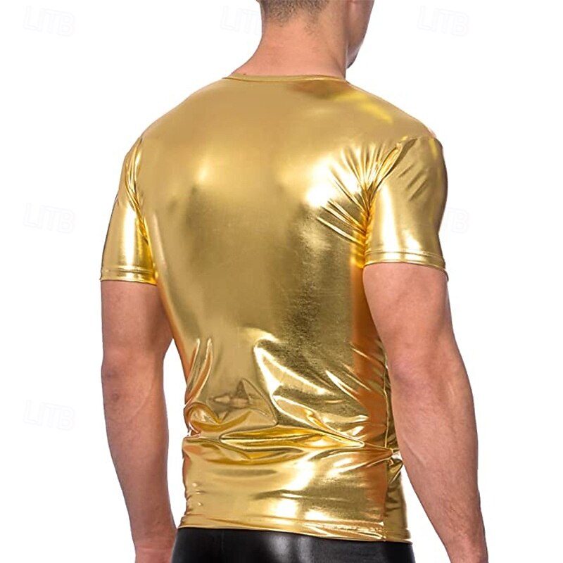 Retro Vintage 1980s T-shirt Disco Shiny Latex Patent Metallic Fancy Dress Men's Halloween Carnival Pride Parade Pride Month Adults' T-shirt Summer2