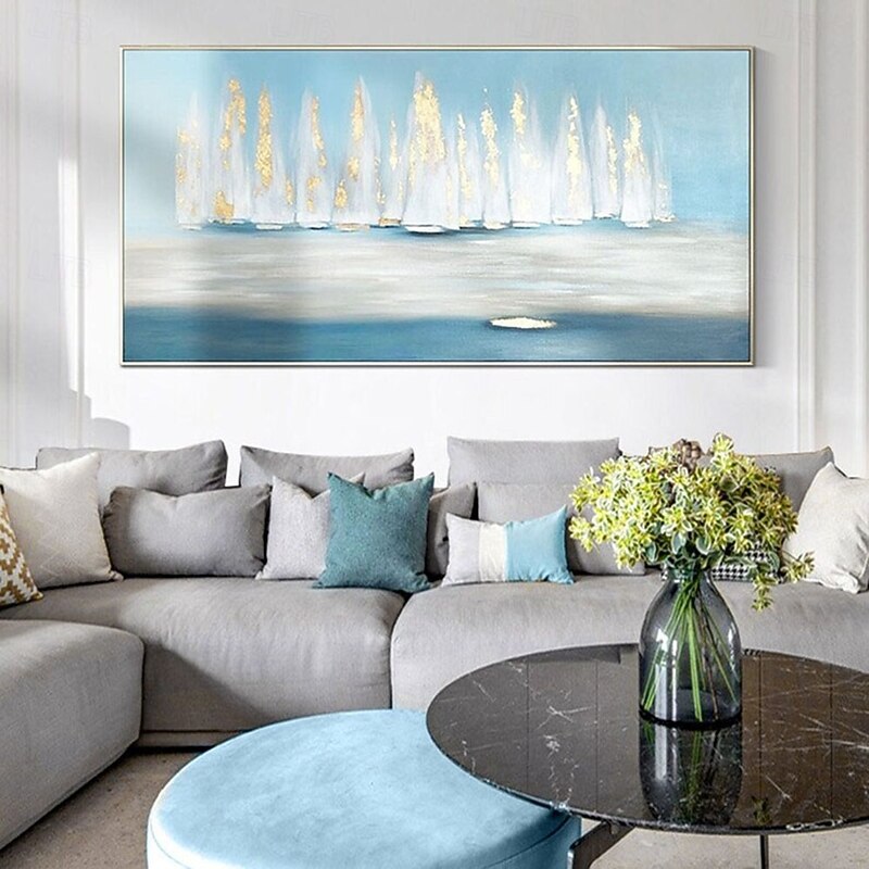 sailboat painting Boat oil paintings hand painted Natural home decor landscape  Oil Painting on Canvas Abstract Art Water sailboat painting sky blue Nature gold art paintings for Living Room Painting3