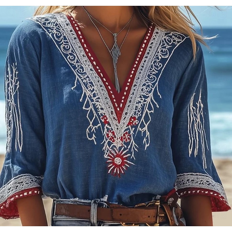 Women's Blouse Floral Graphic Paisley Bohemia Vintage Tropical 3/4 Length Sleeve V Neck Regular Tops Blue Summer Spring2