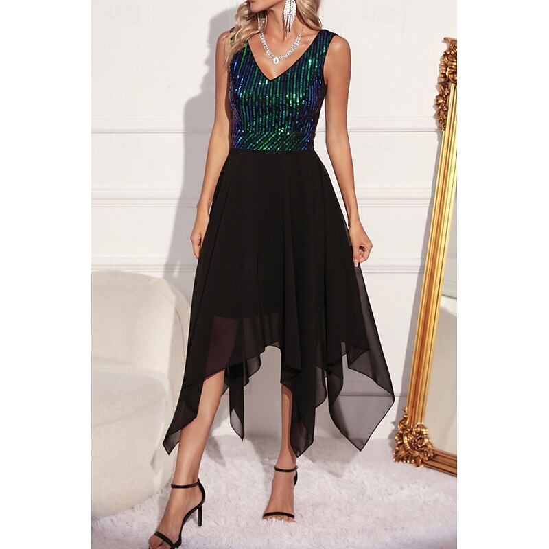 Women's Midi Dress Sequin Dress Party Dress Elegant Dress Fashion Party Evening Party Regular Fit Color Block Sleeveless V Neck Green Apricot Summer4