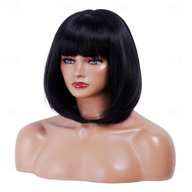 Rugelyss Black Short Straight Bob Wig with Bangs 12 Inches Synthetic Hair Wigs for Women and Girls with Wig Cap3