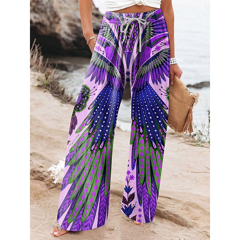 Women's Wide Leg Chinos Baggy Pants Vacation Vintage Fashion Full Length High Waist Floral Graphic Abstract Printing Soft Breathable Micro-elastic Formal Vacation Street Yellow Blue Purple Summer2