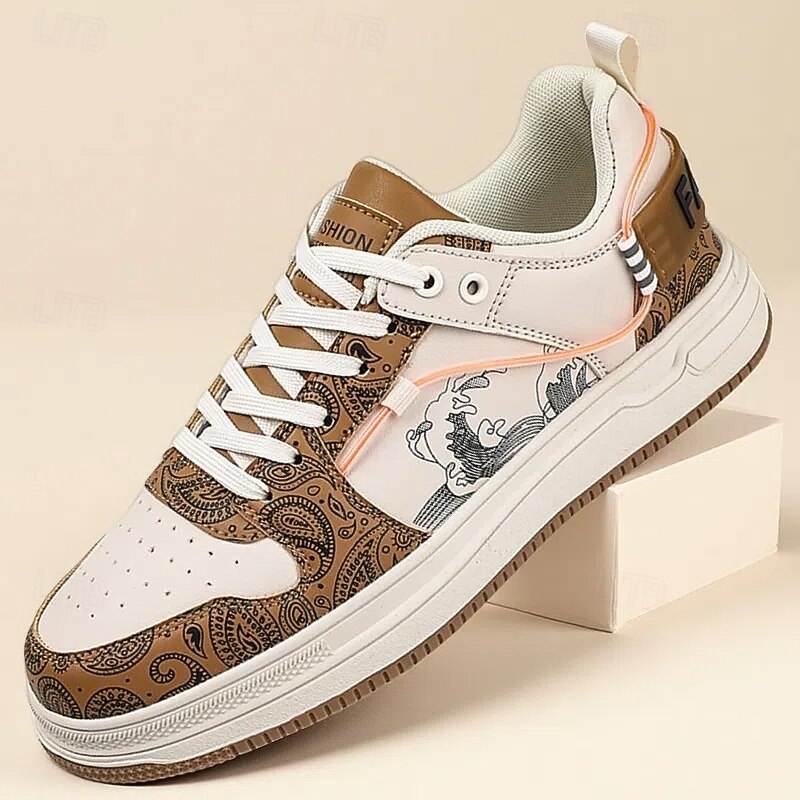 Men's Fashion Sneakers - Retro - Inspired Patterns, Faux Leather Material, Ideal for Casual Outings & Urban Adventures