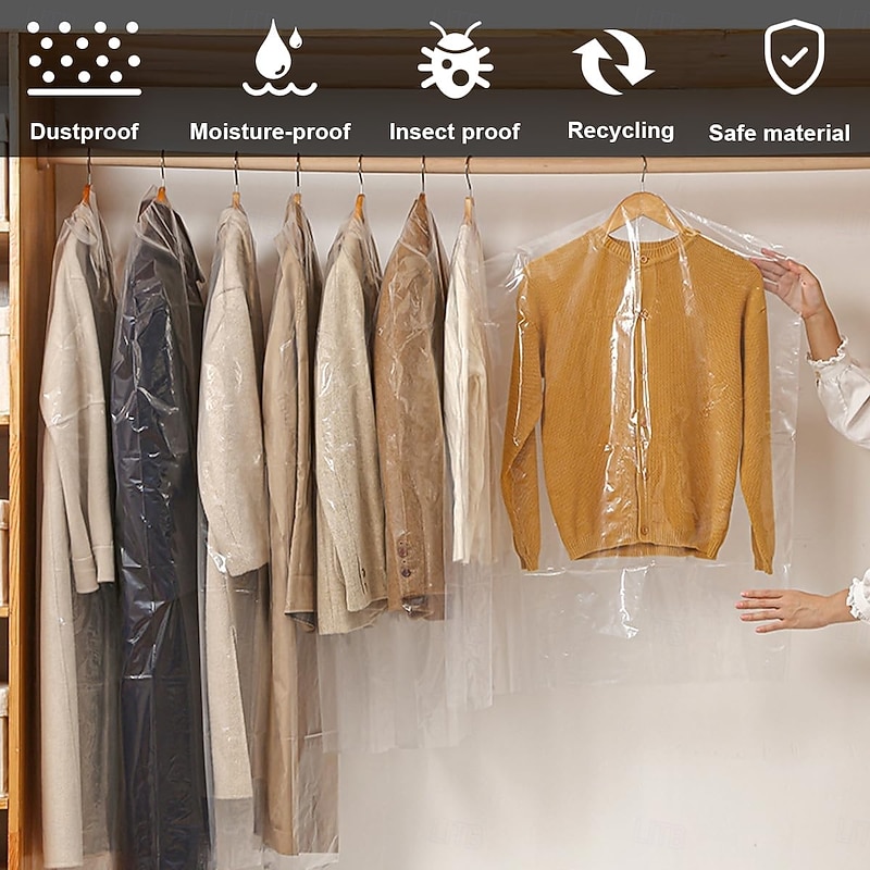 10Pcs Disposable Garment Bags for Clothes, Clear Plastic Dust Covers for Dry Cleaning, Thickened Suit and Coat Protectors, Transparent Clothes Cover for Laundry Shop or Home Use2