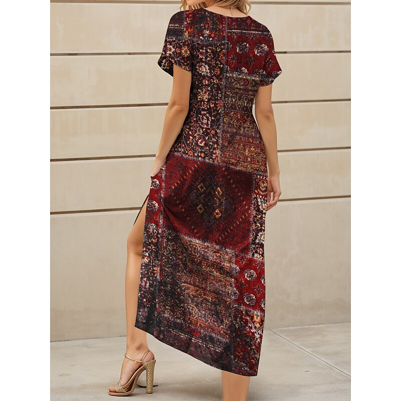 Women's Midi Dress Sundress A Line Dress Summer Dress Vacation Casual Loose Fit Floral Graphic Abstract Short Sleeve V Neck Yellow Red Blue Purple Summer Spring Fall2