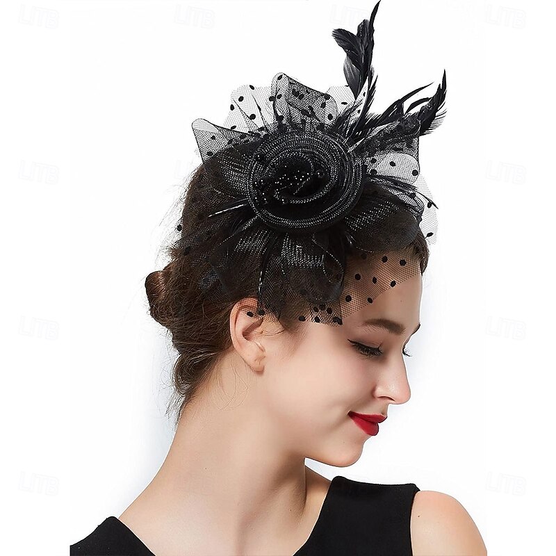 Women Fascinator Tea Party Hat 20s 50s Wedding Cocktail Flower Mesh Feathers Hair Clip for Carnival3