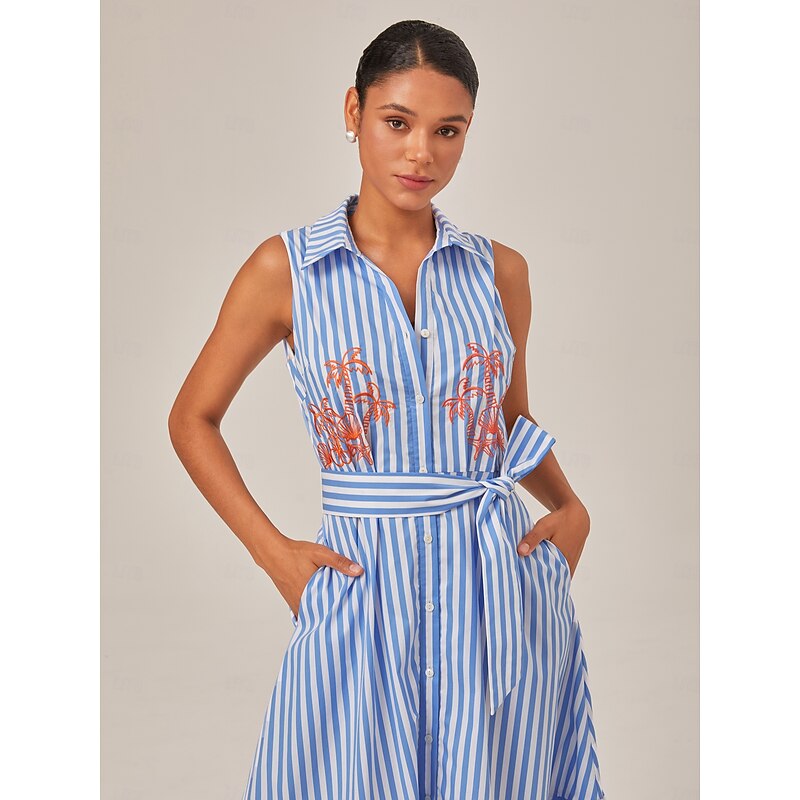 Summer Striped Embroidered Sleeveless Mid-length Dress4