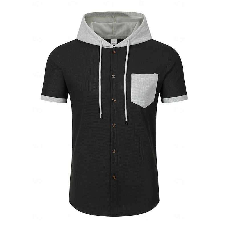 Men's Waffle T-shirt Jacket Tee Top Short Sleeve Hooded Summer Color Block Fashion Designer Casual Pocket Button Front Outdoor Casual Daily Black Green Burgundy Top Tee for Men2