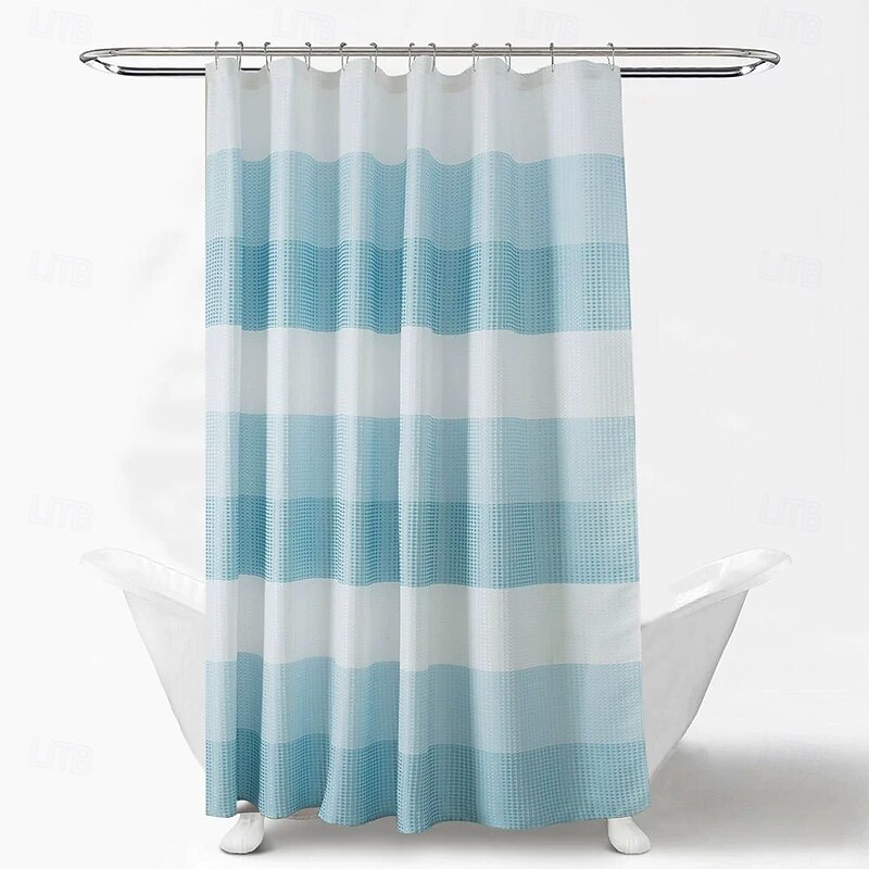 Shower Curtains for Bathroom, Polyester Waffle Textured Stripe Pattern Shower Curtain with Metal Grommets and Plastic Hooks 180cm*180cm(70