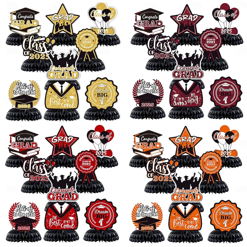 9PCS Graduation Party Decorations Class of 2025 Congrats Grad Table Centerpiece Congratulate Graduation Honeycomb Table Toppers for Graduation Party Supplies