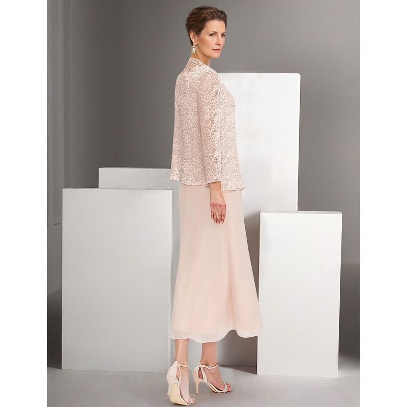 Two Piece A-Line Dress Sets Mother of the Bride Dress Elegant Crew Neck Ankle Length Chiffon Long Sleeve Jacket Dresses with Lace Embroidery3