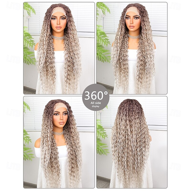 Synthetic Lace Wig Deep Curly Style 32 inch Black Middle Part 13x4x1 T Part Lace Front Wig Women's Wig Light Auburn2