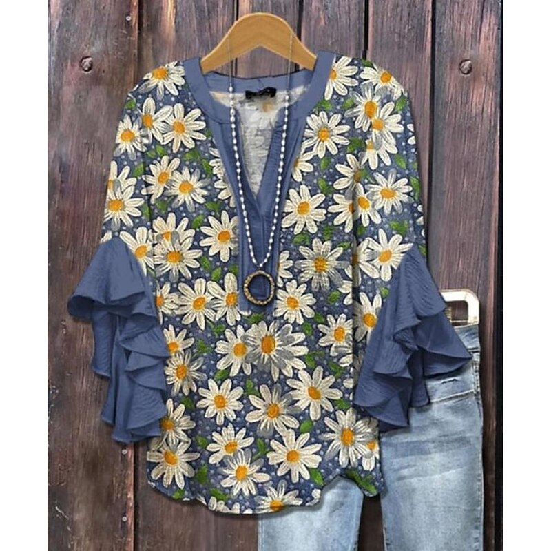 Women's Blouse V Neck Layered Ruffle Sleeve Tops Floral Graphic Daily Stylish Casual 3/4 Length Sleeve Regular Tops Daily Holiday Vacation Wear Print White Dusty Blue Green Rose Pink Summer Spring4